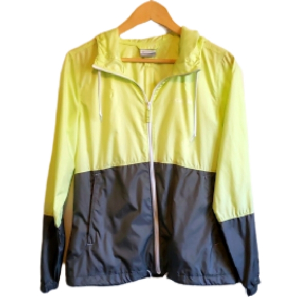 COLUMBIA Lime Green & Gray Zipp Up Hooded Windbreaker Jacket Sz Small - Picture 1 of 7